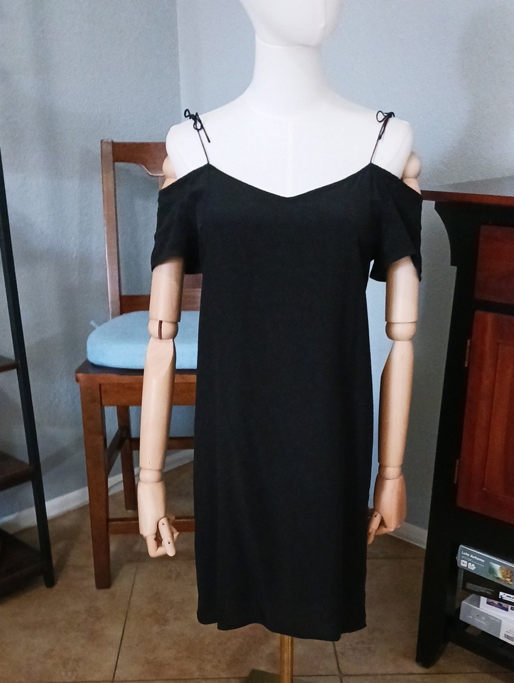 Topshop Boutique Black Silk Cold-Shoulder Tie Strap Dress
